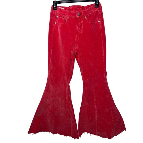 We The Free Twenty-Seven Red Corduroy Wide Flare Pants Lace-Up Back Frayed Hem - Picture 13 of 14